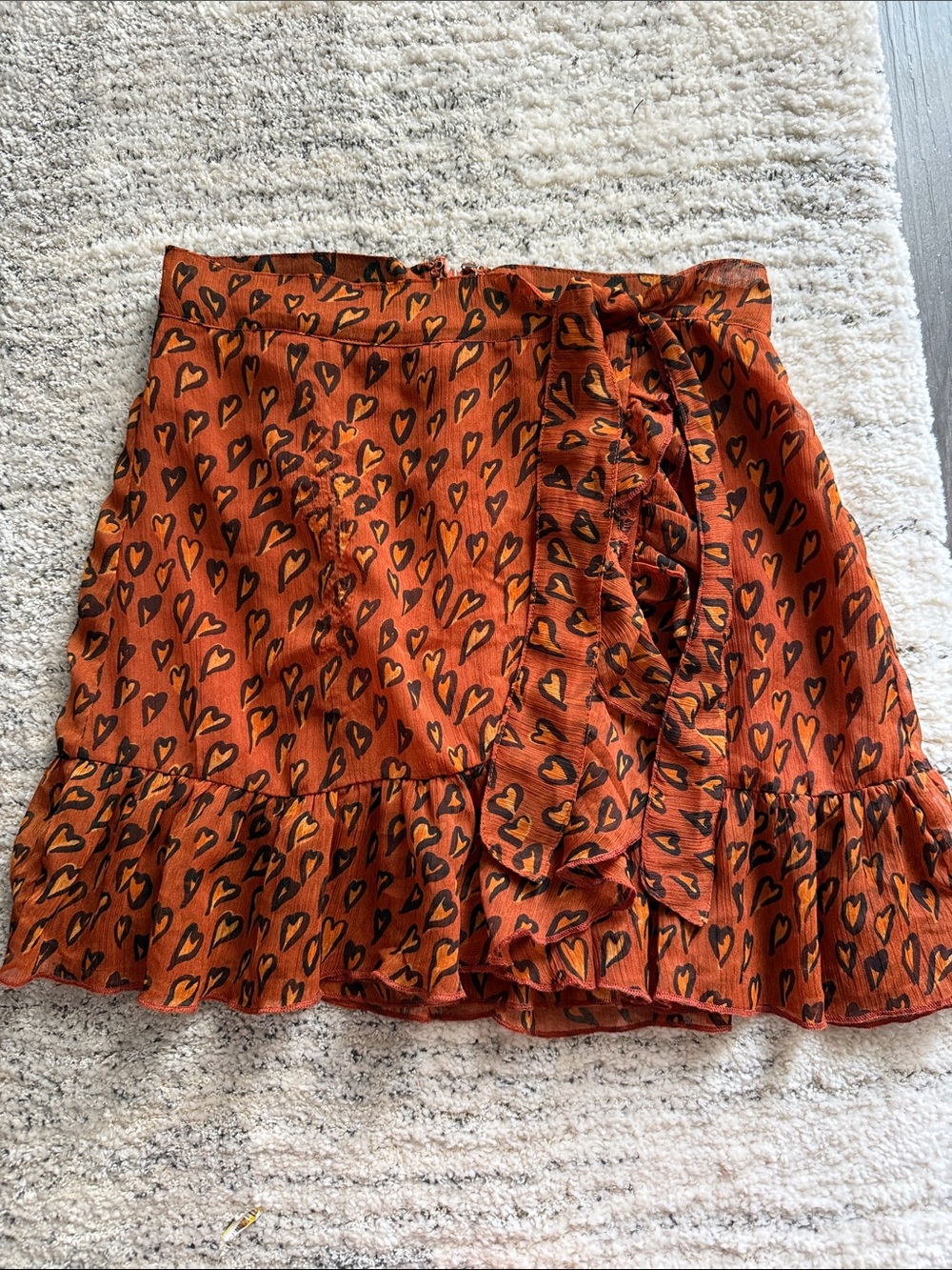 Urban Outfitters Rust Heart-Print Ruffle Wrap Mini Skirt